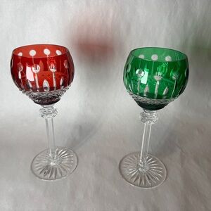 Vintage Red + Green Cut To Clear Crystal Wine Goblets Heavy Stemware Set Of 2
